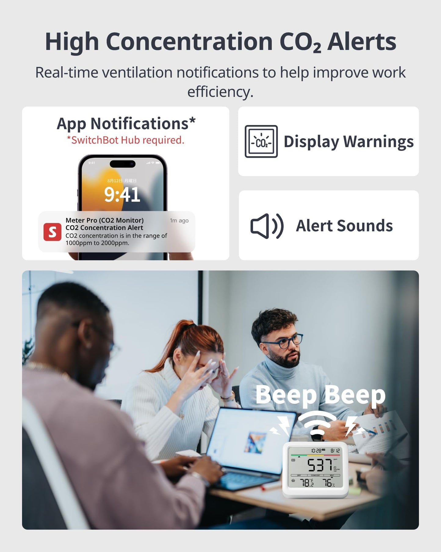 SwitchBot CO2 Detector, Air Quality Monitor Indoor, CO2 Monitor for CO2/TEMP/Humidity, Portable Carbon Dioxide Detector for Home/Car/Office/Greenhouse