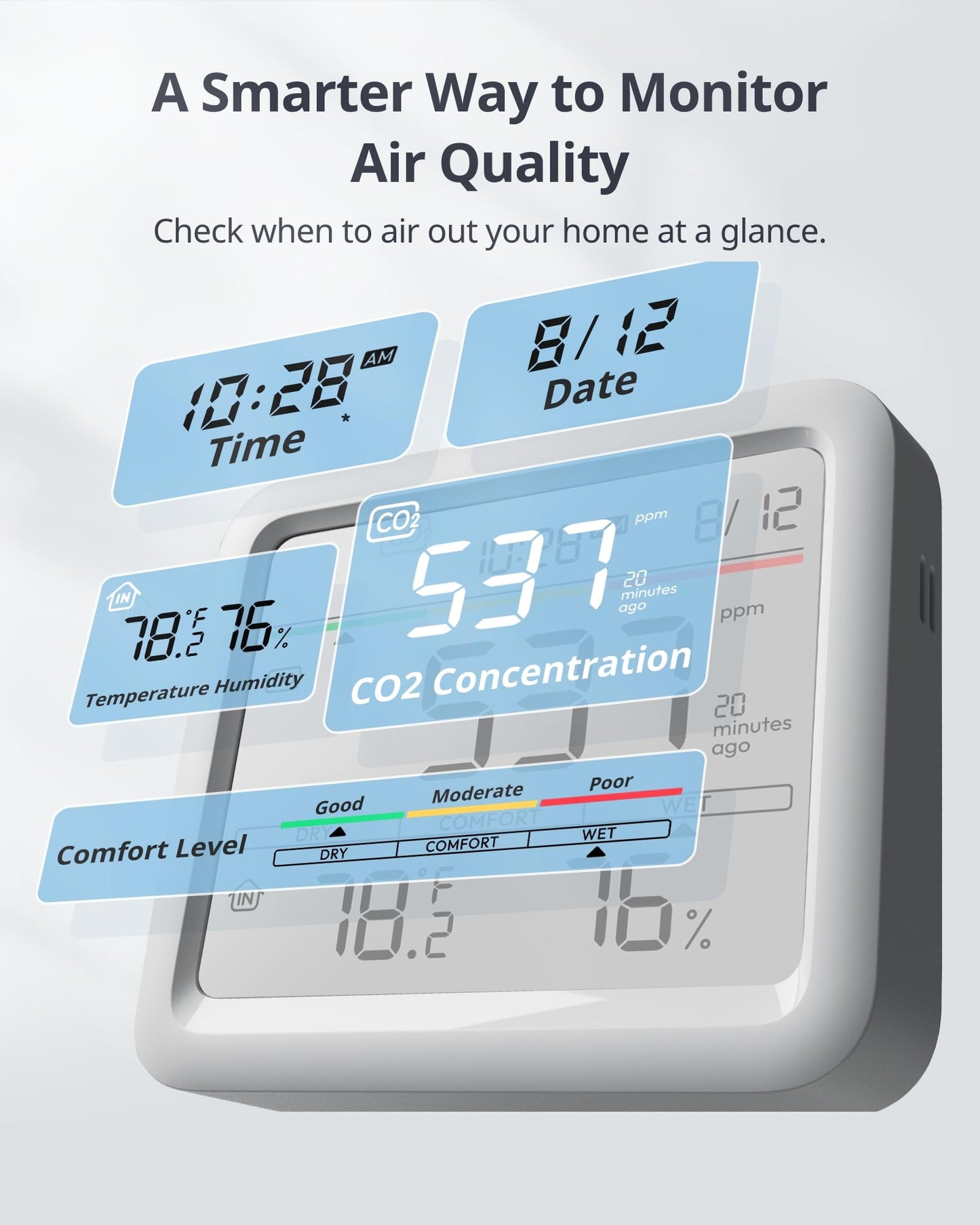 SwitchBot CO2 Detector, Air Quality Monitor Indoor, CO2 Monitor for CO2/TEMP/Humidity, Portable Carbon Dioxide Detector for Home/Car/Office/Greenhouse