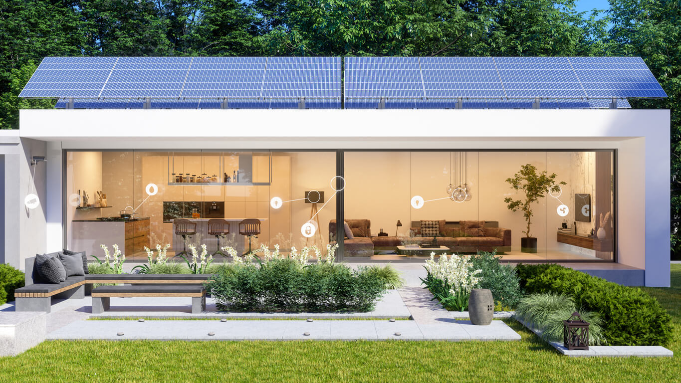 smart home with glass and solar panels